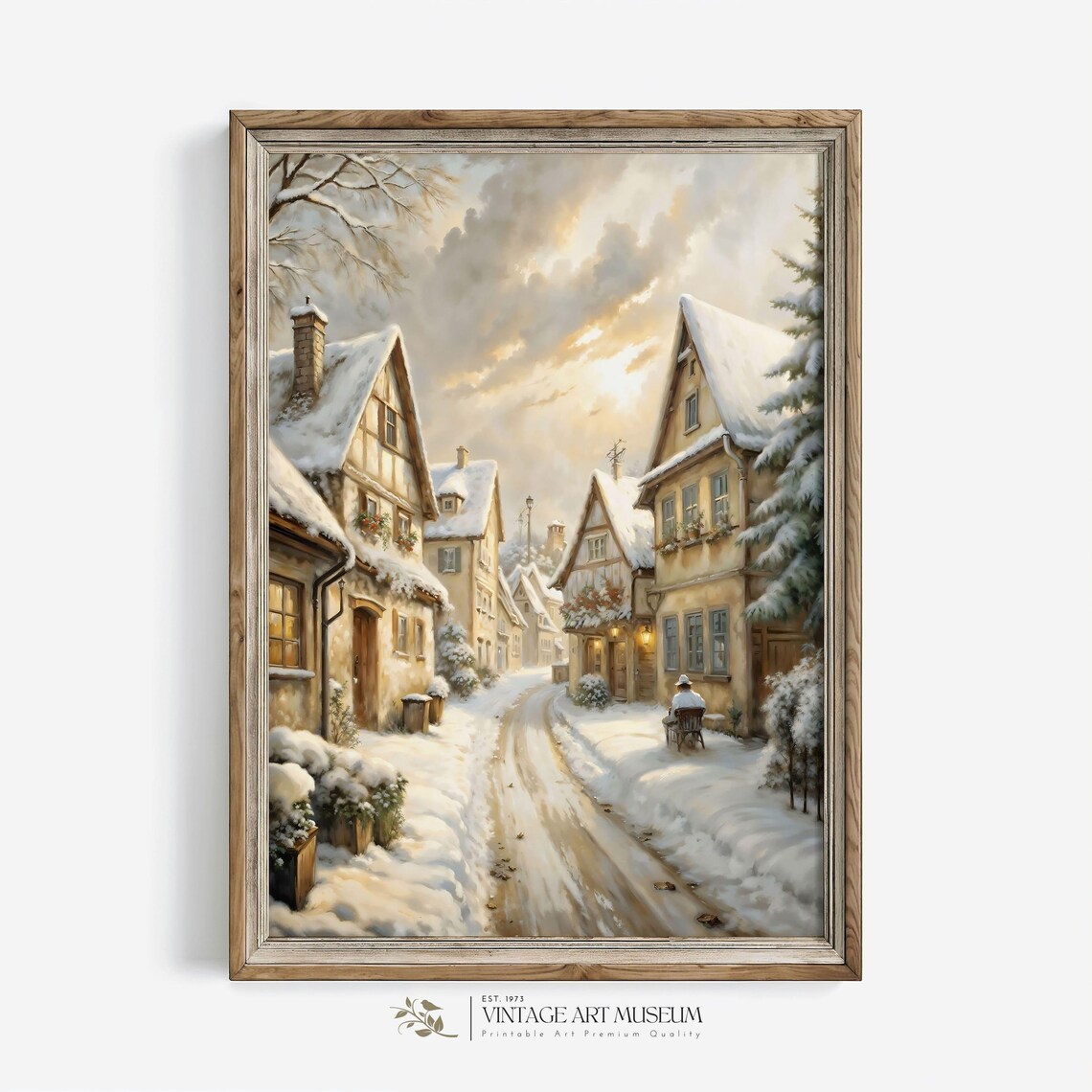 Half Timbered Village Street in Winter With Seated Figure Poster