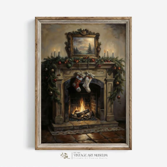 Christmas Farmhouse Fireplace Antique Xmas Art Moody Vintage Style Oil Painting For Rustic Cottagecore Decor 313