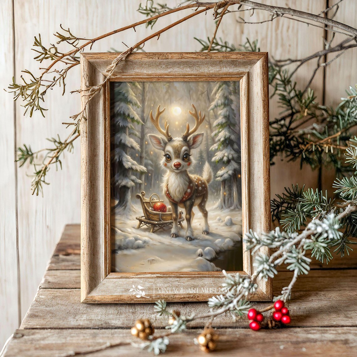 Baby Rudolph in Snowy Forest Vintage Christmas Poster - Image 2