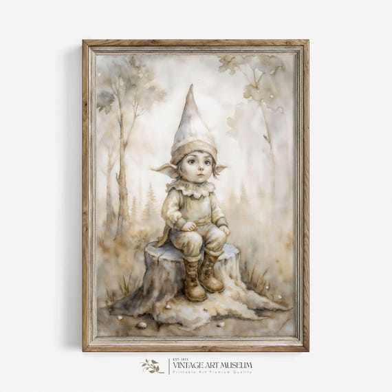 Cute Baby Gnome Funny Nursery Art Print Watercolor Vintage Wall Art Warm Tones Original Artwork Kids Decor 582