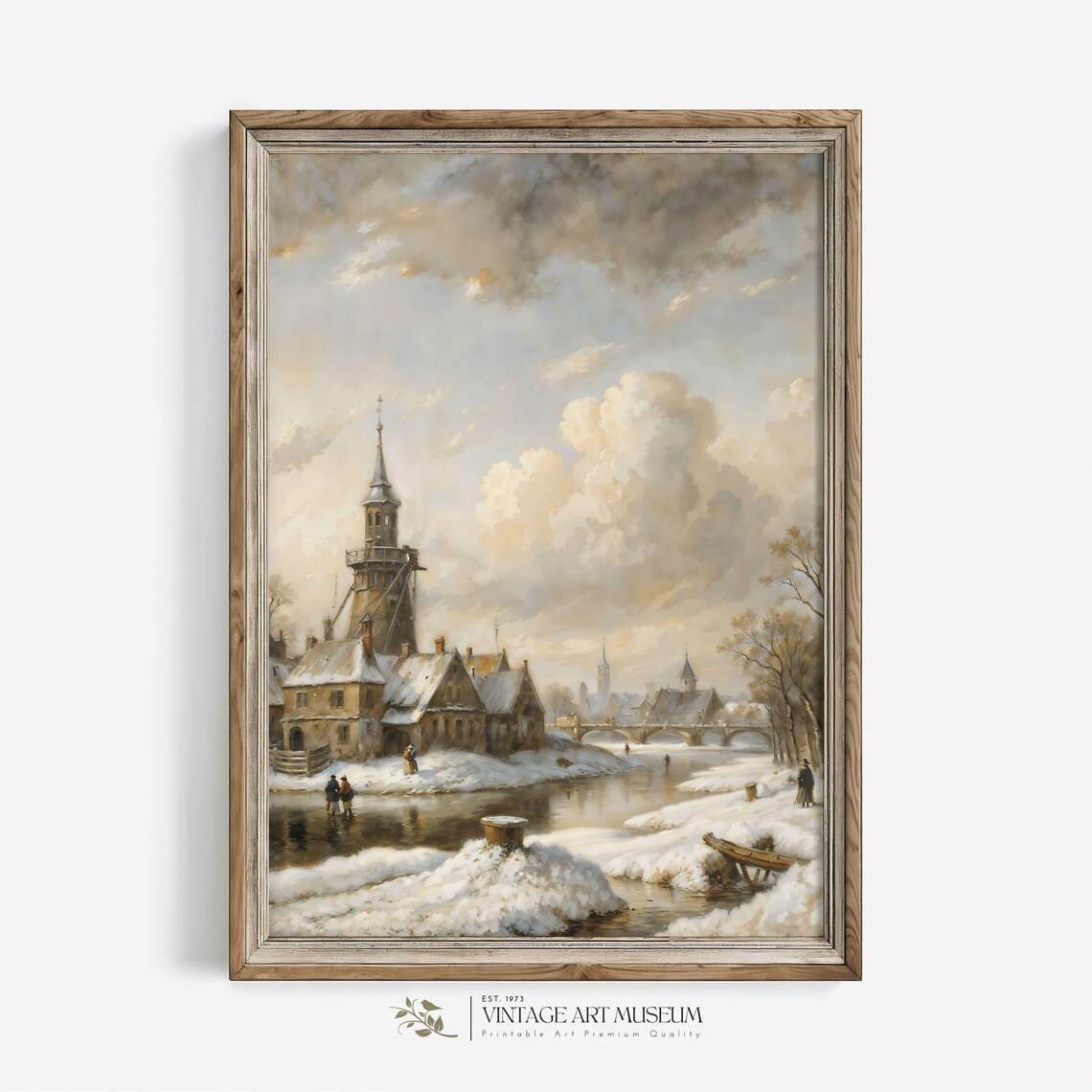 Historic Tower by Snowy Canal With Distant Bridge Vintage Winter Poster