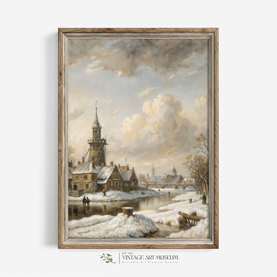 Historic Tower by Snowy Canal With Distant Bridge Vintage Winter Poster