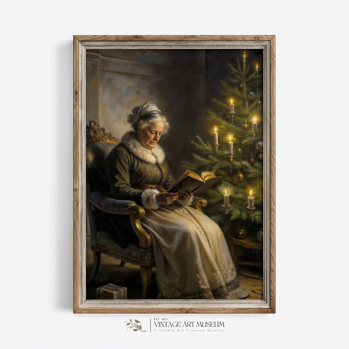 Mrs Claus Reading by Candlelit Christmas Tree Vintage Holiday Wall Art