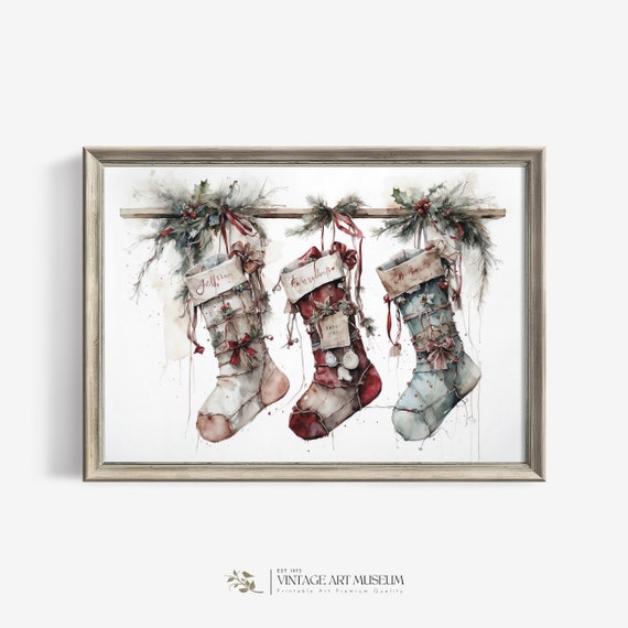 Neutral Christmas Stockings Vintage Watercolor Art Print