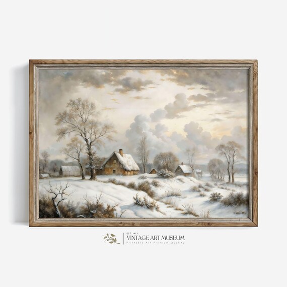 Snowy Farmhouse Countryside With Bare Trees Vintage Winter Art Poster