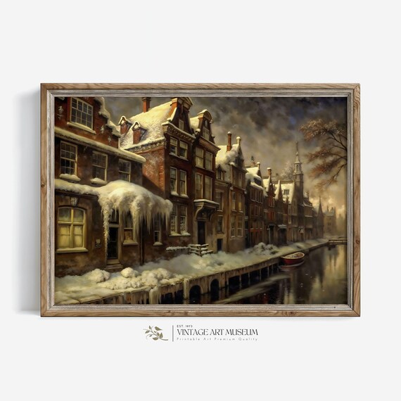 Snowy Evening Amsterdam Canal Gabled Houses Winter Oil Painting Wall Art