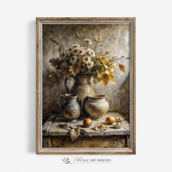 Vintage Daisy Bouquet Clay Pitcher Rustic Farmhouse Still Life Poster