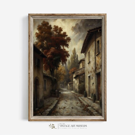 Autumn Village Street With Old Stone Houses and Red Trees Poster