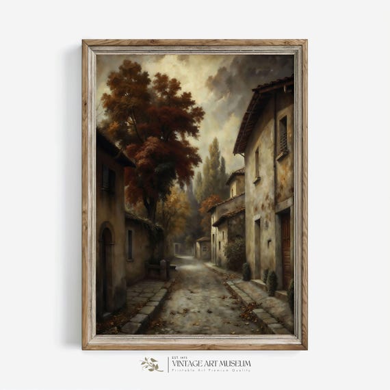 Vintage Italian Street In Autumn Warm Toned Oil Painting Print Large Moody Earth Tone Wall Art Fall Cottagecore Decor 655