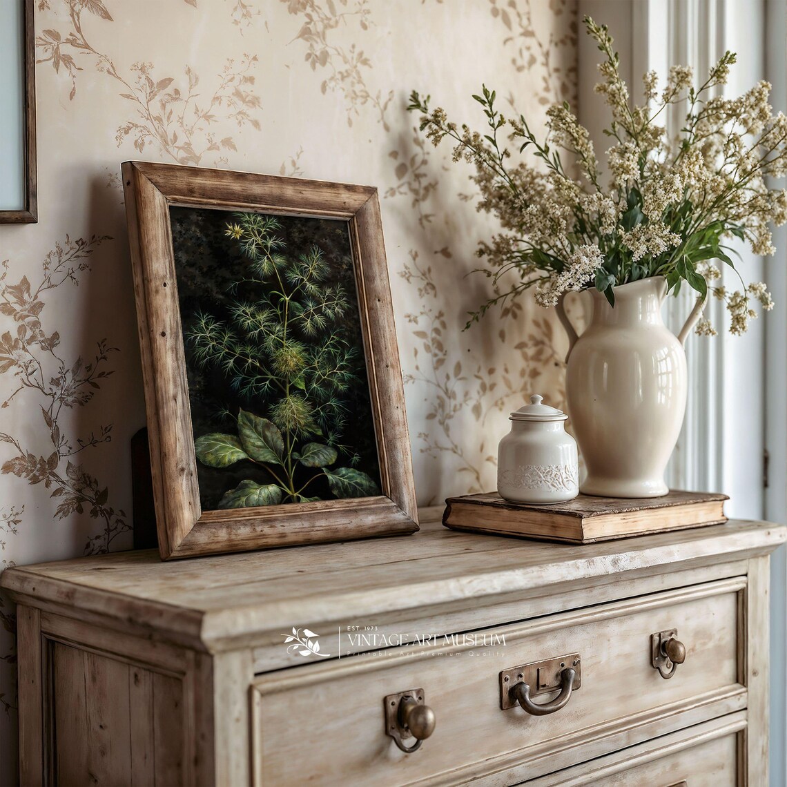 Dark Botanical Fern Plant Vintage Still Life Moody Green Wall Art - Image 2
