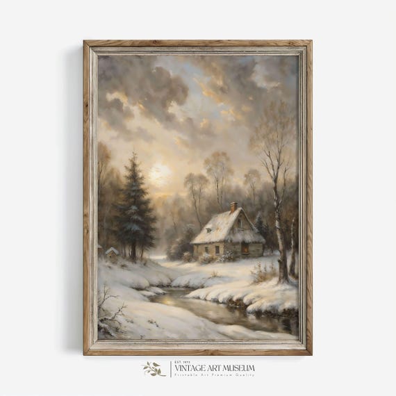 Wintery Rustic Environment Print Warm Toned Snowy Landscape Wall Art Vintage Style For Holiday Cottagecore Decor 418