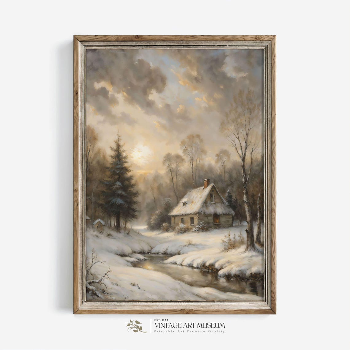 Snowy Cabin By A Stream At Sunset Vintage Oil Painting Winter Poster