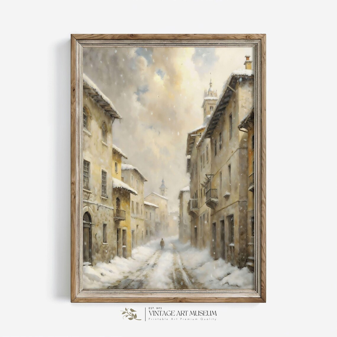 Snowy Old Town Street with Church Tower Warm Winter Wall Art