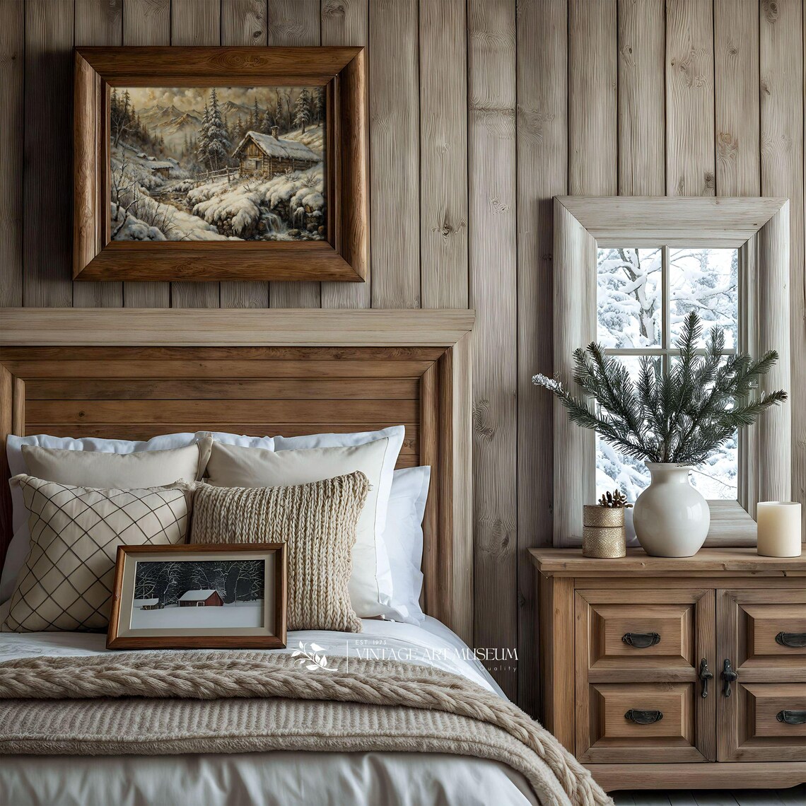 Snowy Mountain Cabin Valley with Stream Vintage Winter Landscape Poster - Image 2