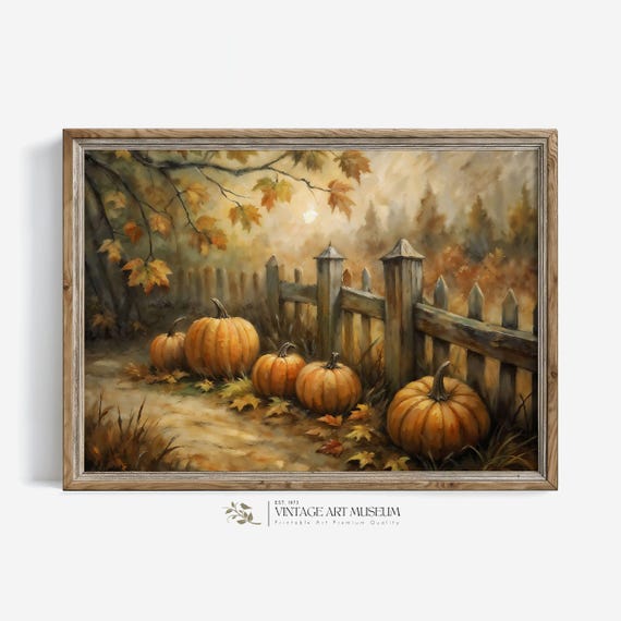 Large Pumpkins Rustic Fence Autumn Art Print