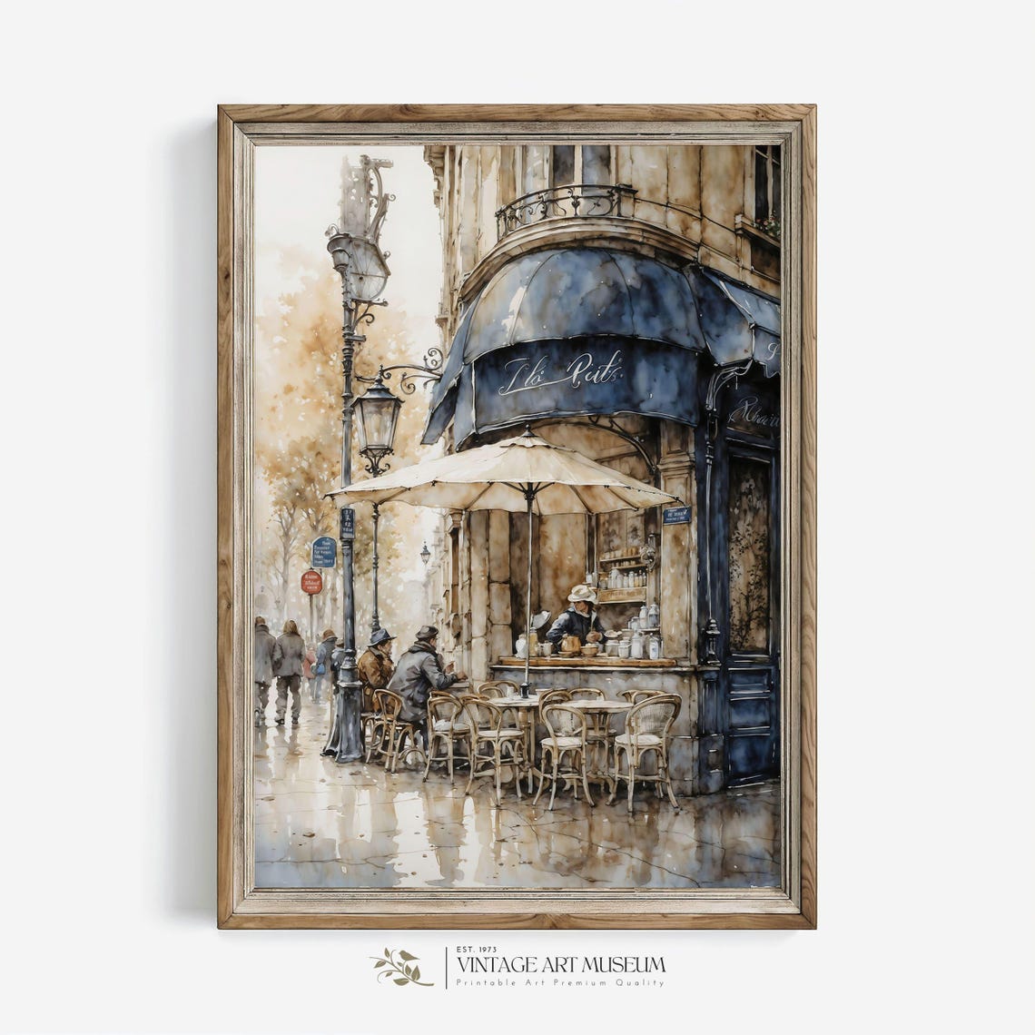 Rainy Parisian Cafe Corner With Wet Cobblestones Watercolor Poster