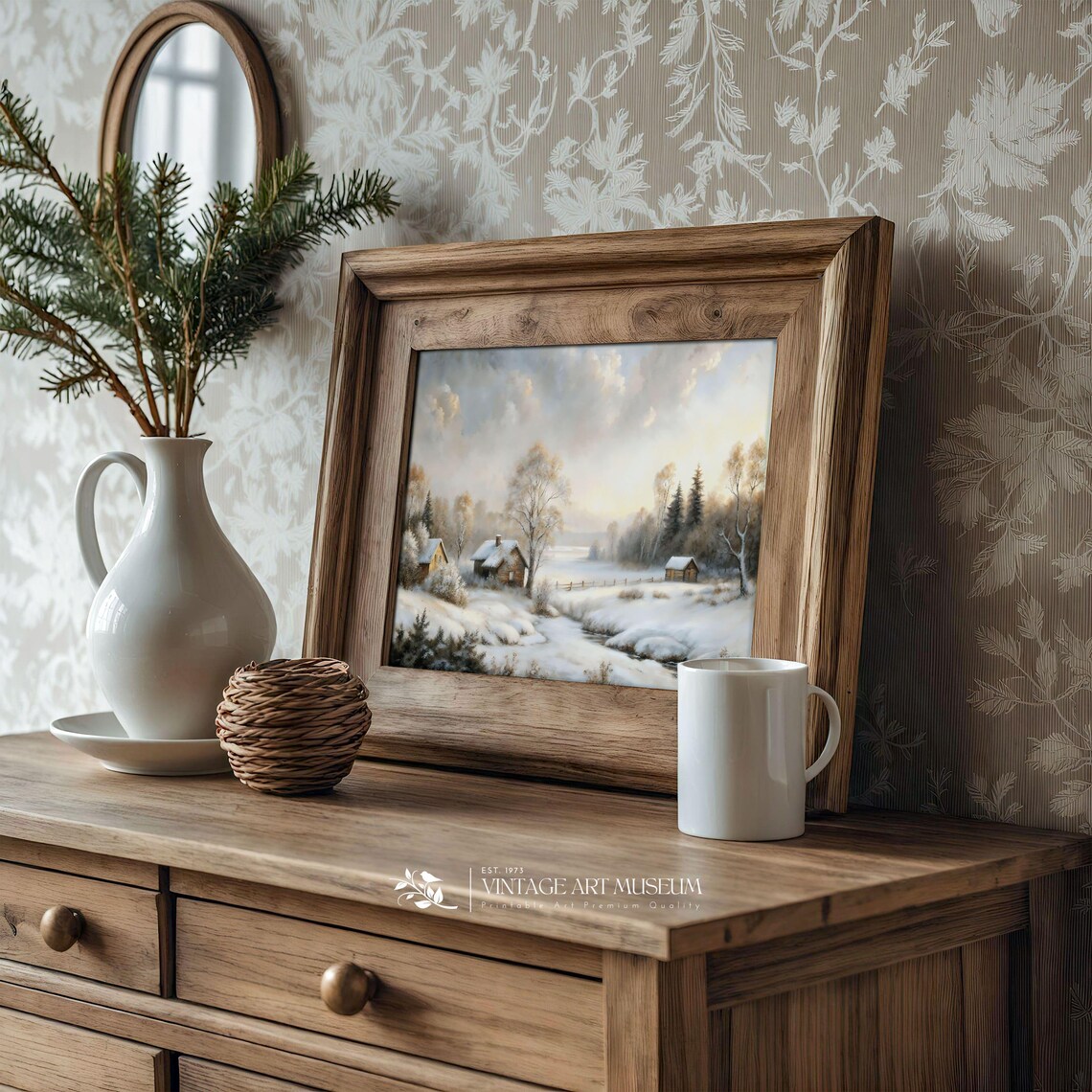Snowy Village Cabins By A Frozen Stream Winter Day Vintage Painting Poster - Image 3