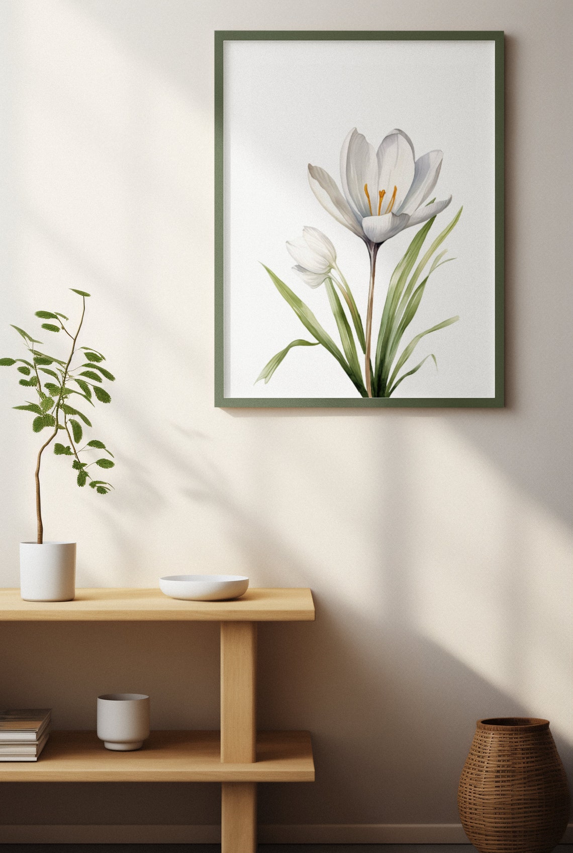 White Crocus Bloom With Bud Tender Serene Watercolor Art Poster - Image 3