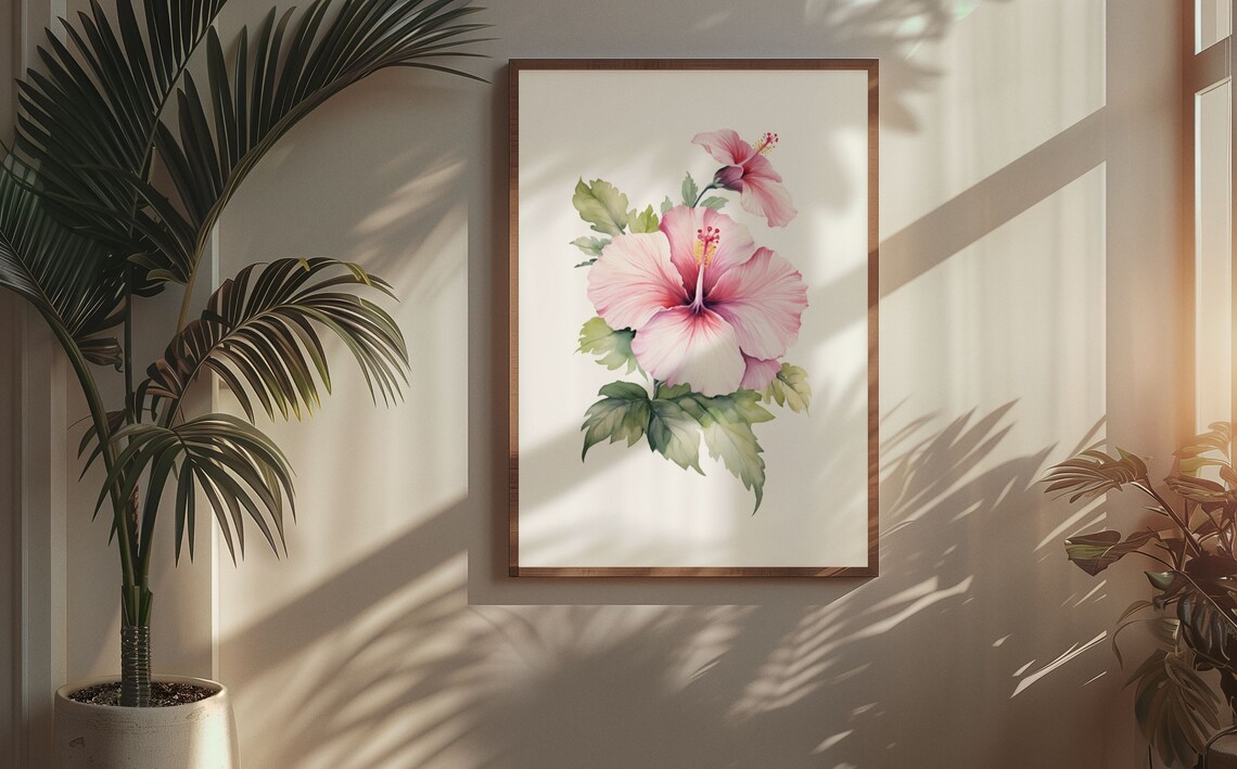 Pink Hibiscus Bloom With Bud Soft Tender Blush Watercolor Art Poster - Image 5
