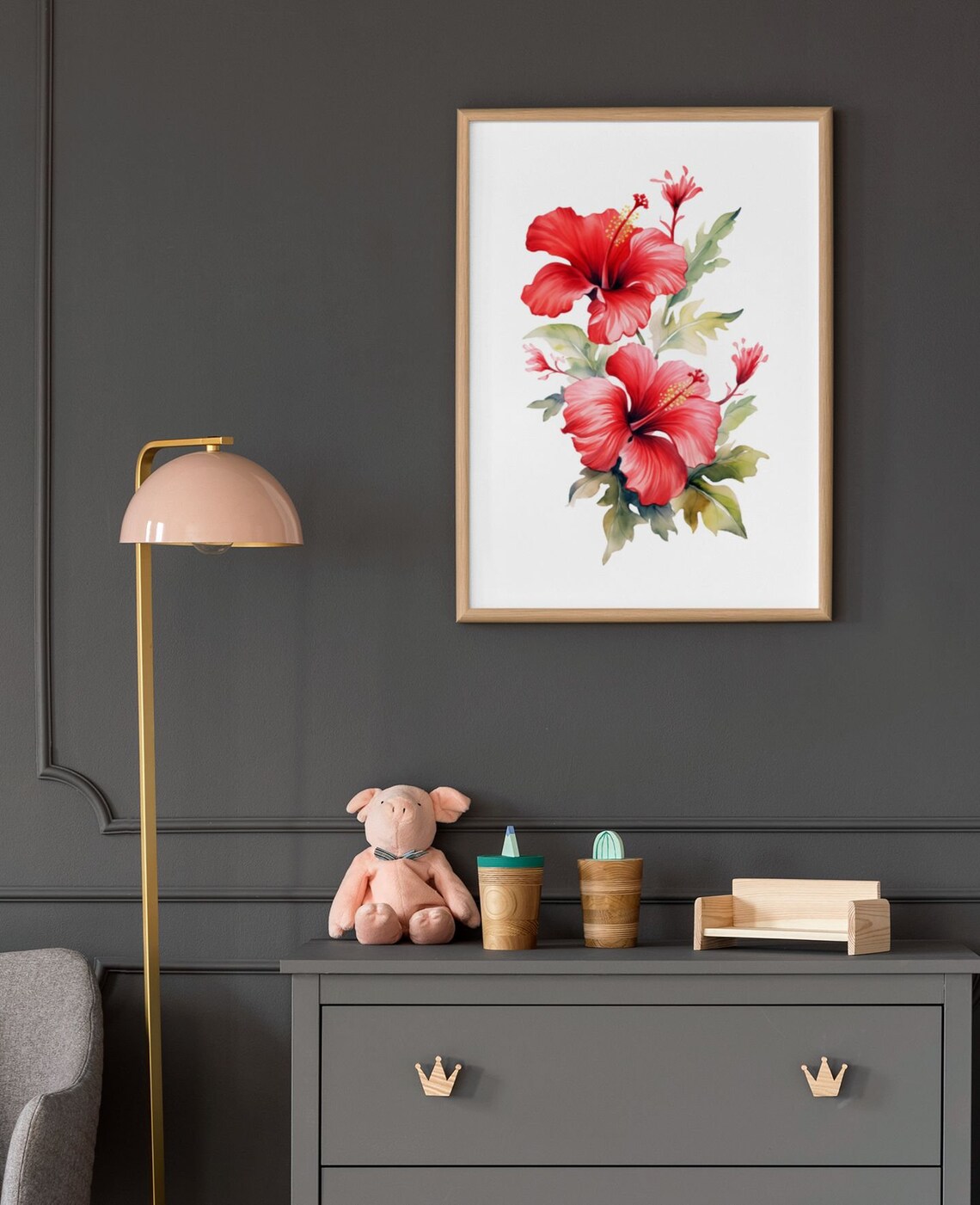 Red Hibiscus Pair With Foliage Exotic Lush Watercolor Art Poster - Image 5