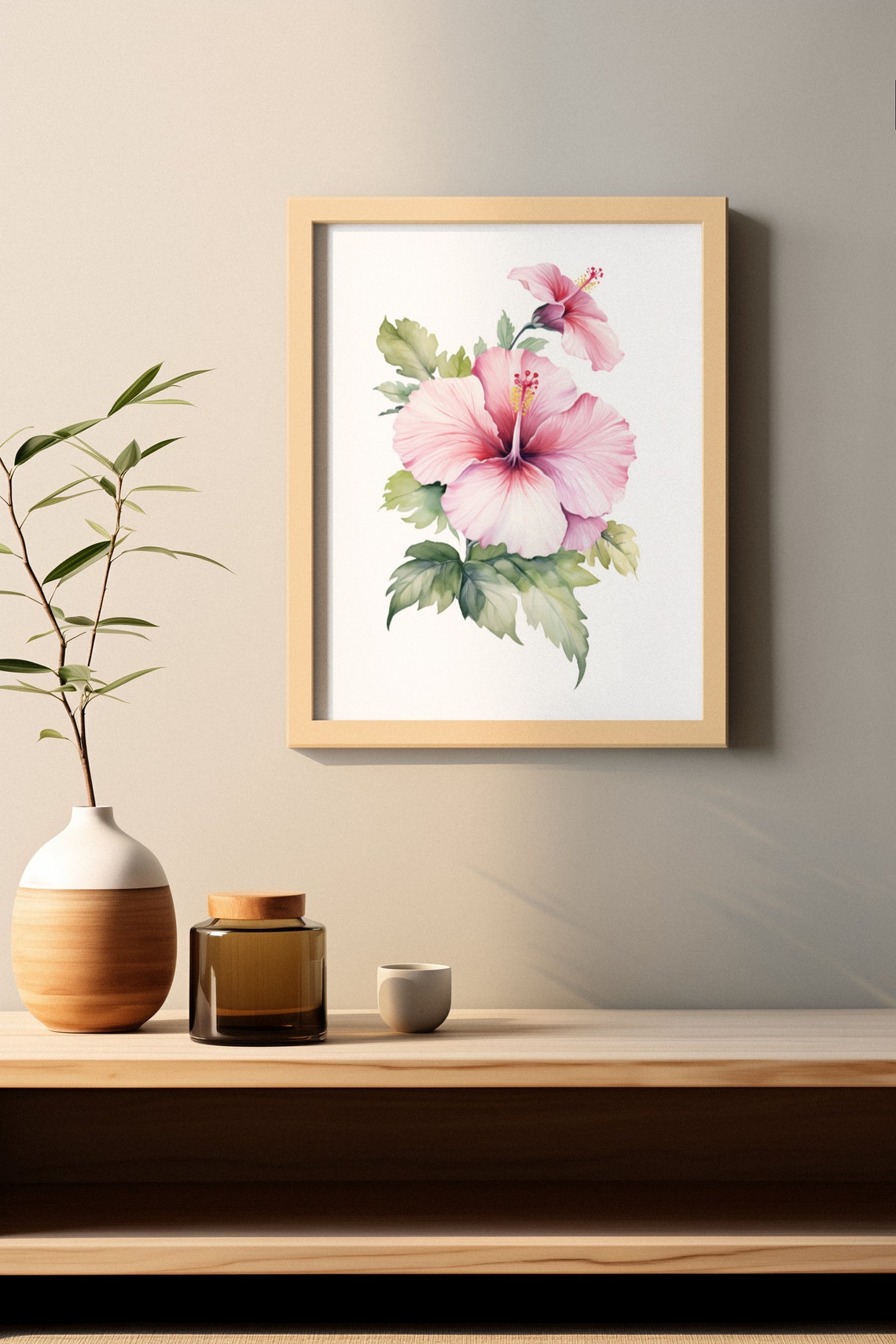 Pink Hibiscus Bloom With Bud Soft Tender Blush Watercolor Art Poster - Image 4