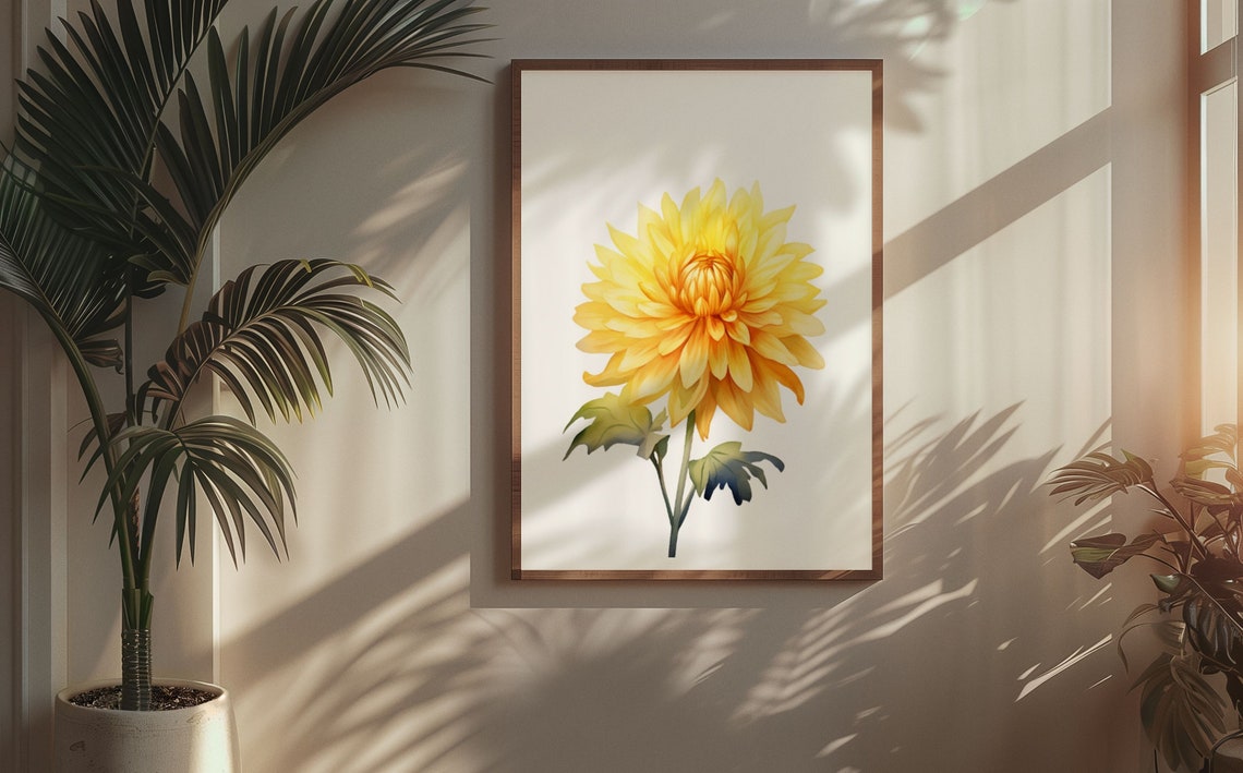 Sunny Yellow Dahlia Blossom Watercolour Botanical Art Poster - Image 8