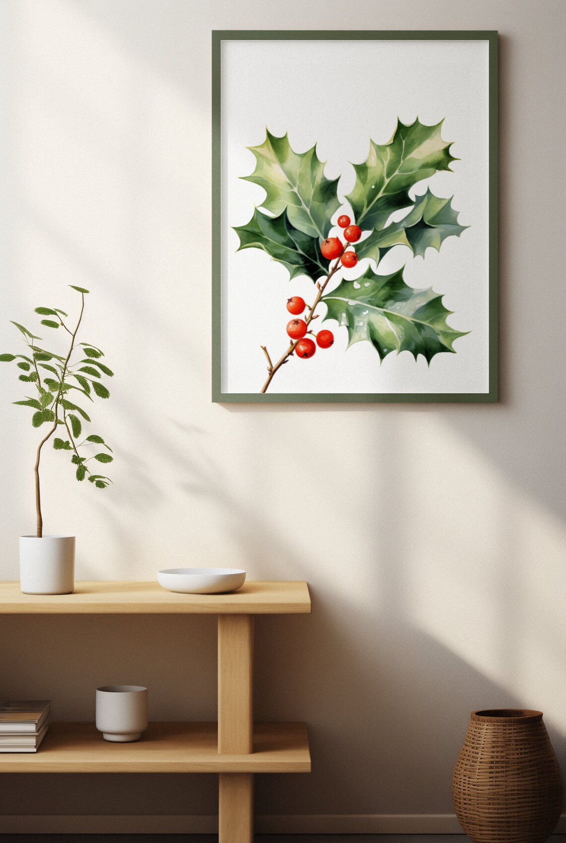 Holly Branch With Red Berries Classic Festive Watercolor Art Poster - Image 4
