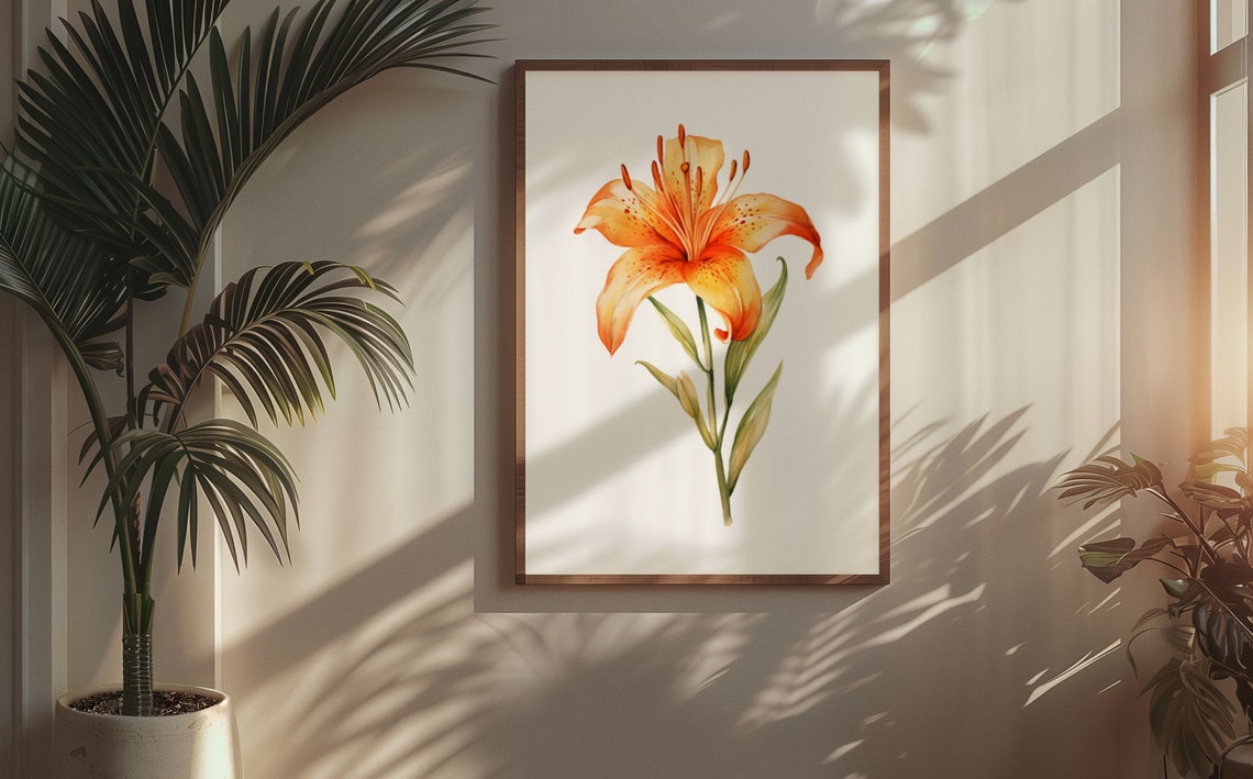 Orange Tiger Lily Bloom Fiery Watercolor Botanical Art Poster - Image 5