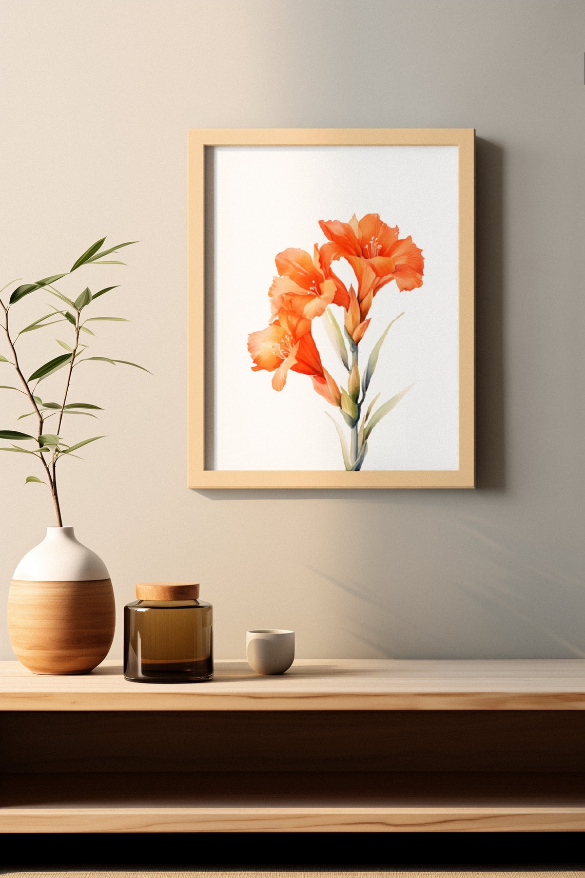 Orange Gladiolus Spike Vibrant Watercolor Floral Botanical Poster - Image 3