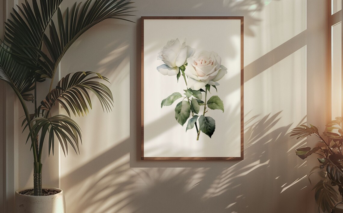 Two White Roses With Green Leaves Fresh Watercolor Art Poster - Image 5
