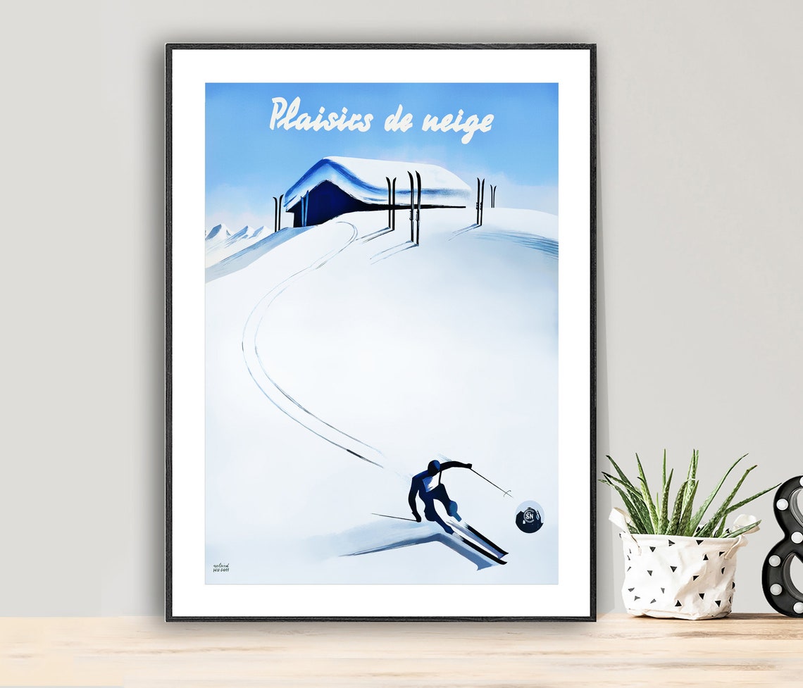 Plaisirs de Neige Vintage French Skiing Mountain Snow Poster