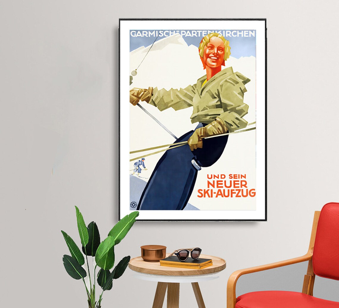 Garmisch Partenkirchen Vintage German Ski Lift Travel Poster