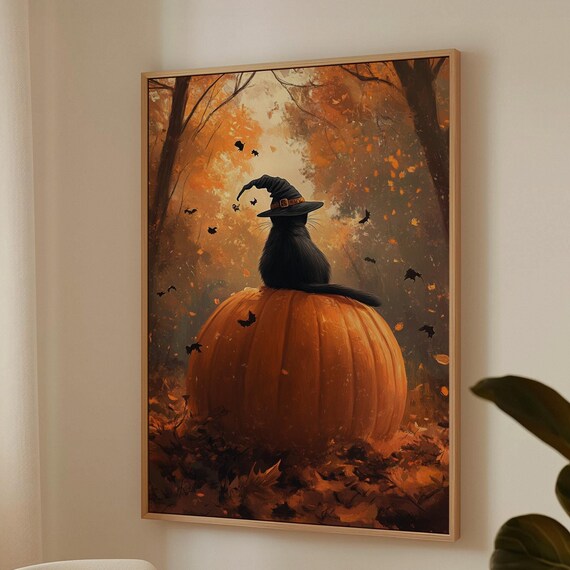 Black Cat In Witch Hat Perched On Pumpkin Autumn Night Bats Poster