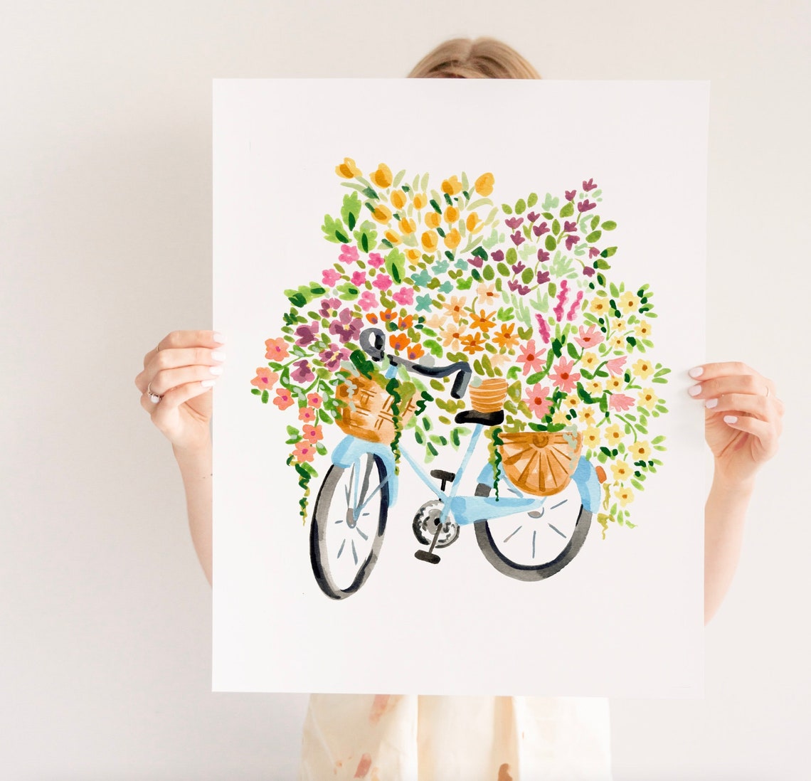 Blue Bicycle With Basket Of Flowers Floral Watercolor Bike Art Print - Image 3