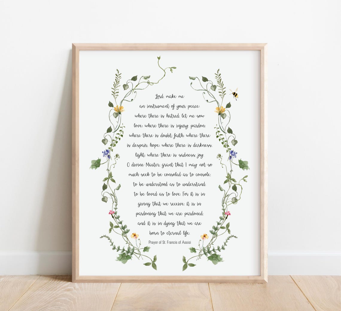 Prayer Of St Francis Assisi Botanical Wreath Catholic Quote Poster