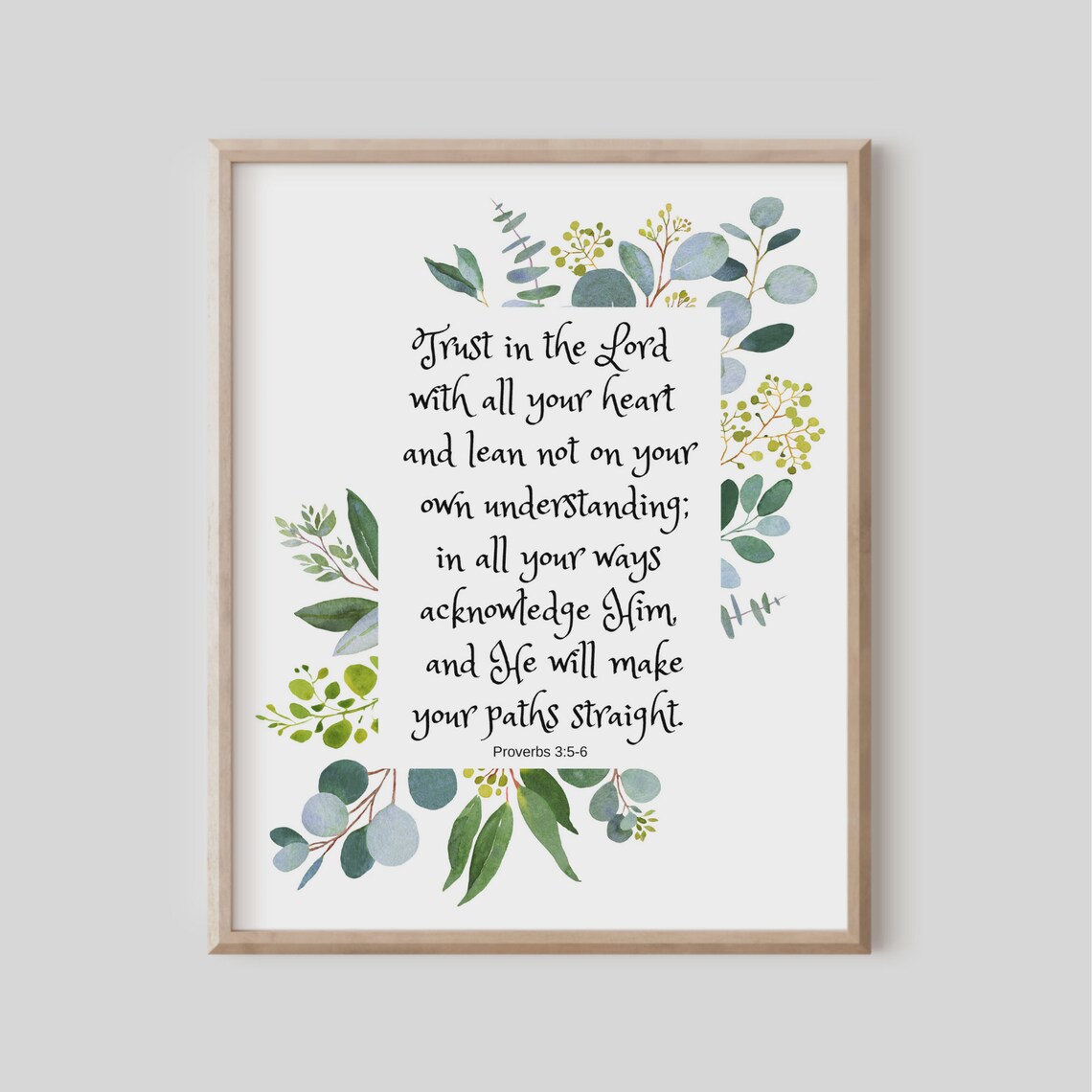 Proverbs 356 Trust In The Lord With All Your Heart Bible Verse Wall Art Christian Gift Scripture Print Watercolor Eucalyptus Botanical