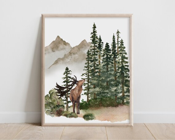 Watercolor Deer Painting Stag Buck Poster Nature Inspired Decor Man Cave Wildlife Forest Wilderness Animal Mountain