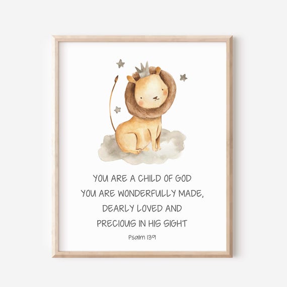 Christian Nursery Decor Kids Bible Verse Wall Art Psalm 139 You Are A Child Of God Scripture Print Watercolor Lion Safari Jungle Theme