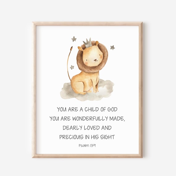 You Are A Child Of God Psalm 139 Wall Art Watercolor Lion Nursery Decor
