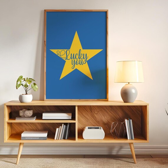 Lucky You Script Lettering Yellow Star Retro Blue Wall Decor Poster