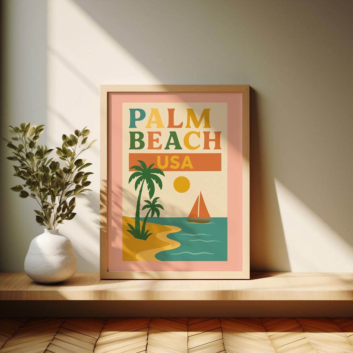 Palm Beach USA Retro Travel Poster Palm Tree Sailboat Ocean Summer Art - Image 3