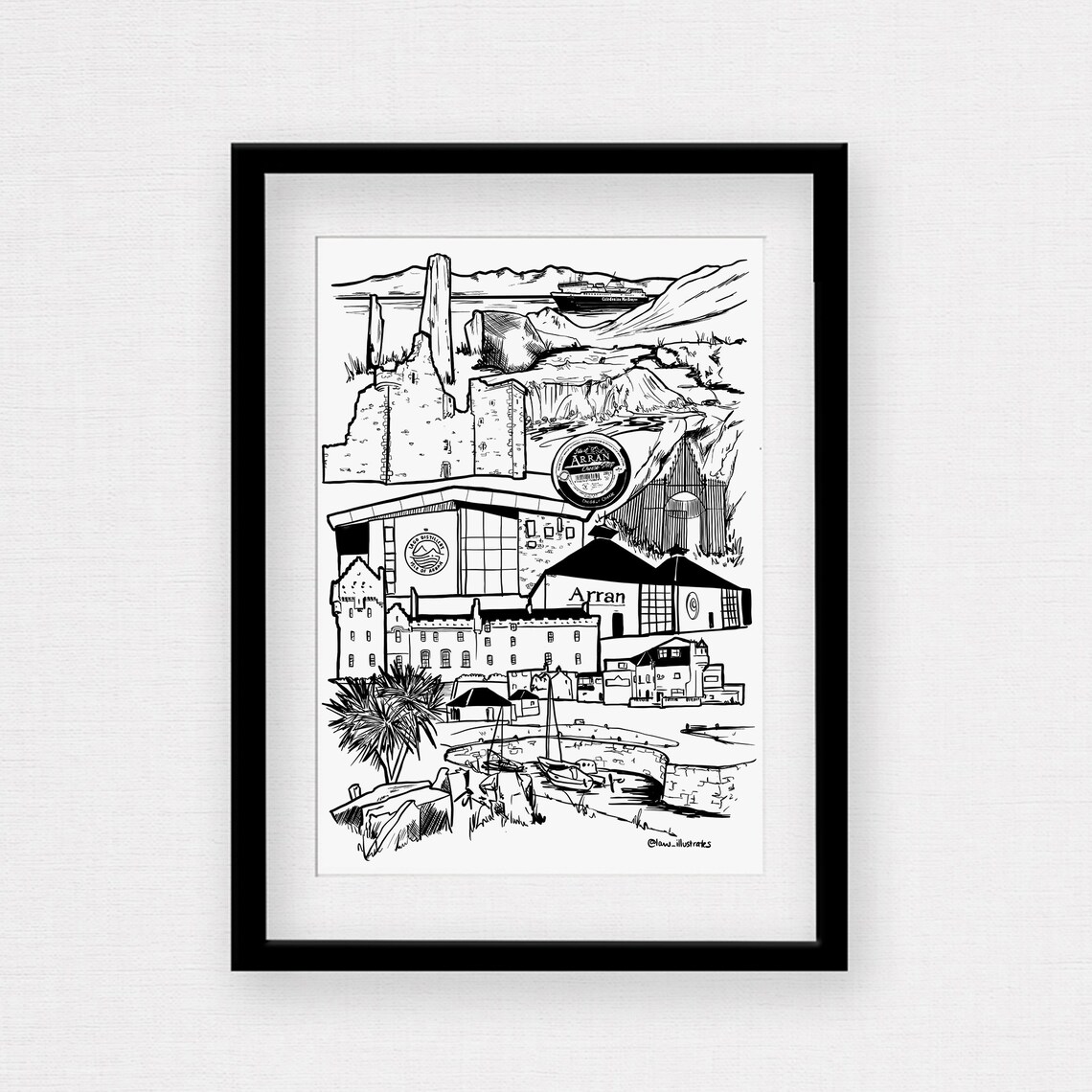 Framed Isle Of Arran Print Black White Scottish Skyline