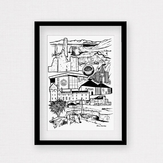 Framed Isle Of Arran Print Black White Scottish Skyline