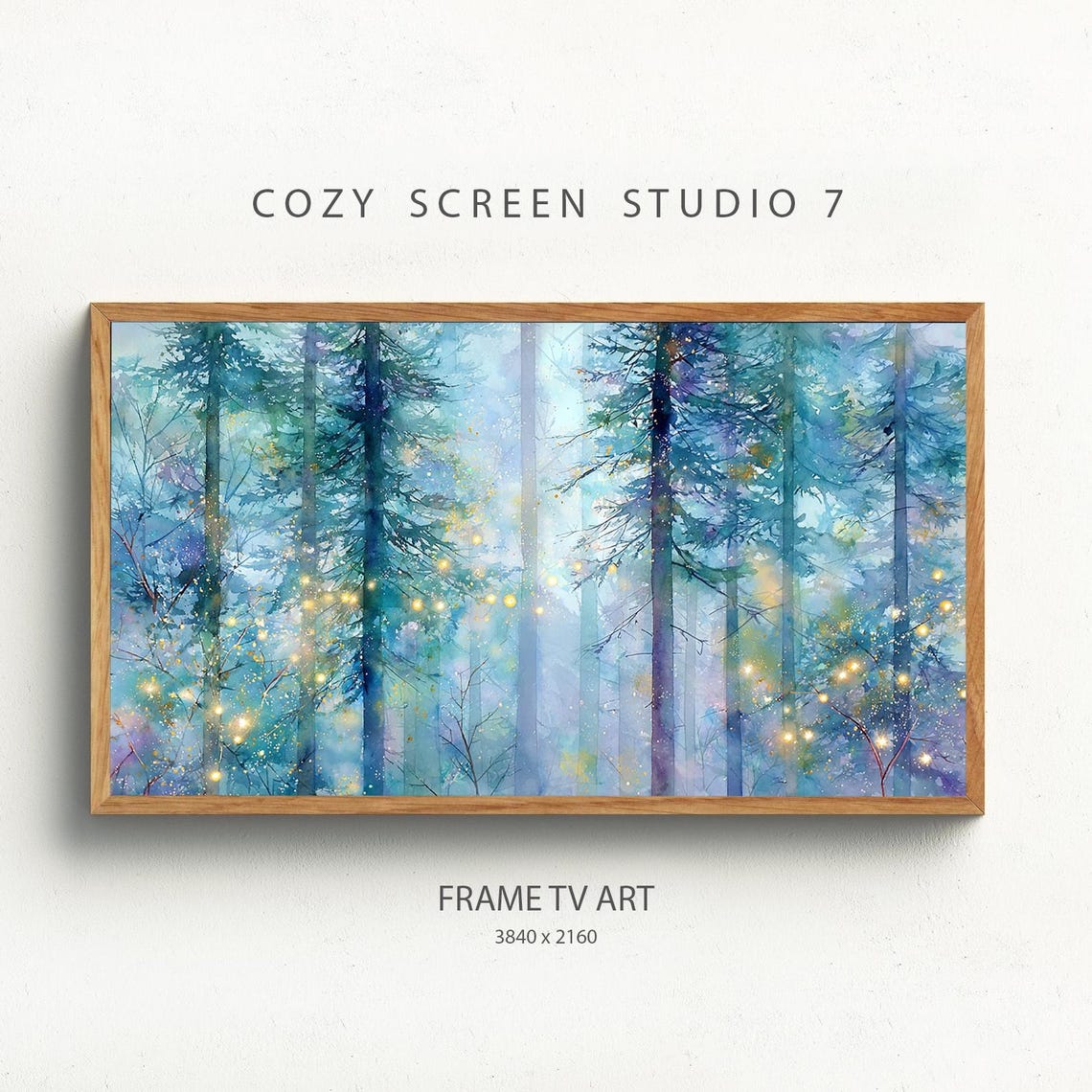 Misty Pine Forest Golden Lights Dreamy Watercolor Artwork Poster