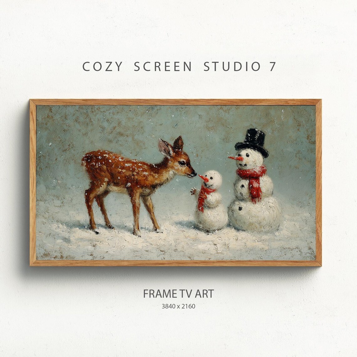 Vintage Fawn Nuzzling Snowmen Friends in a Snowy Winter Scene Art Poster