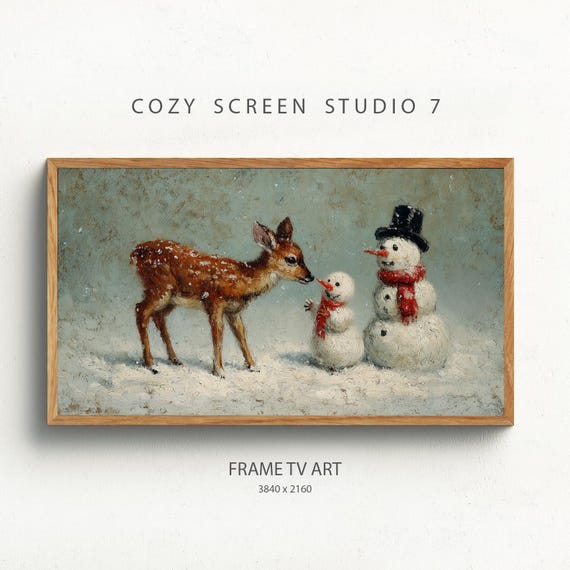 Baby Reindeer Snowman Frame Tv Art Vintage Holiday Painting