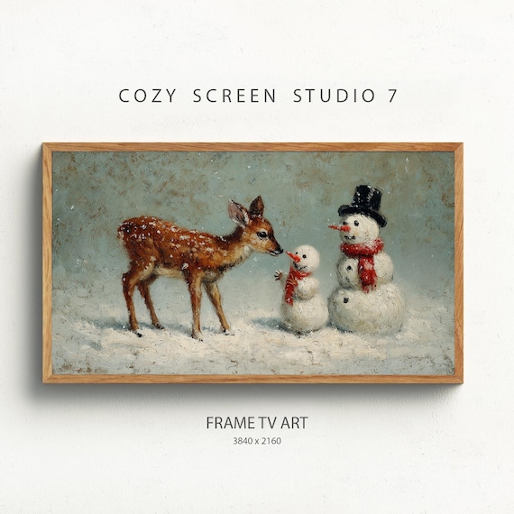 Vintage Fawn Nuzzling Snowmen Friends in a Snowy Winter Scene Art Poster