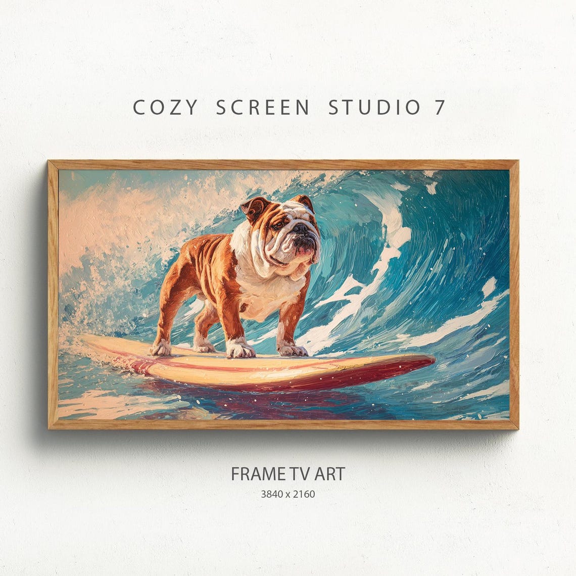 English Bulldog Surfing Big Ocean Wave Funny Pet Frame TV Poster