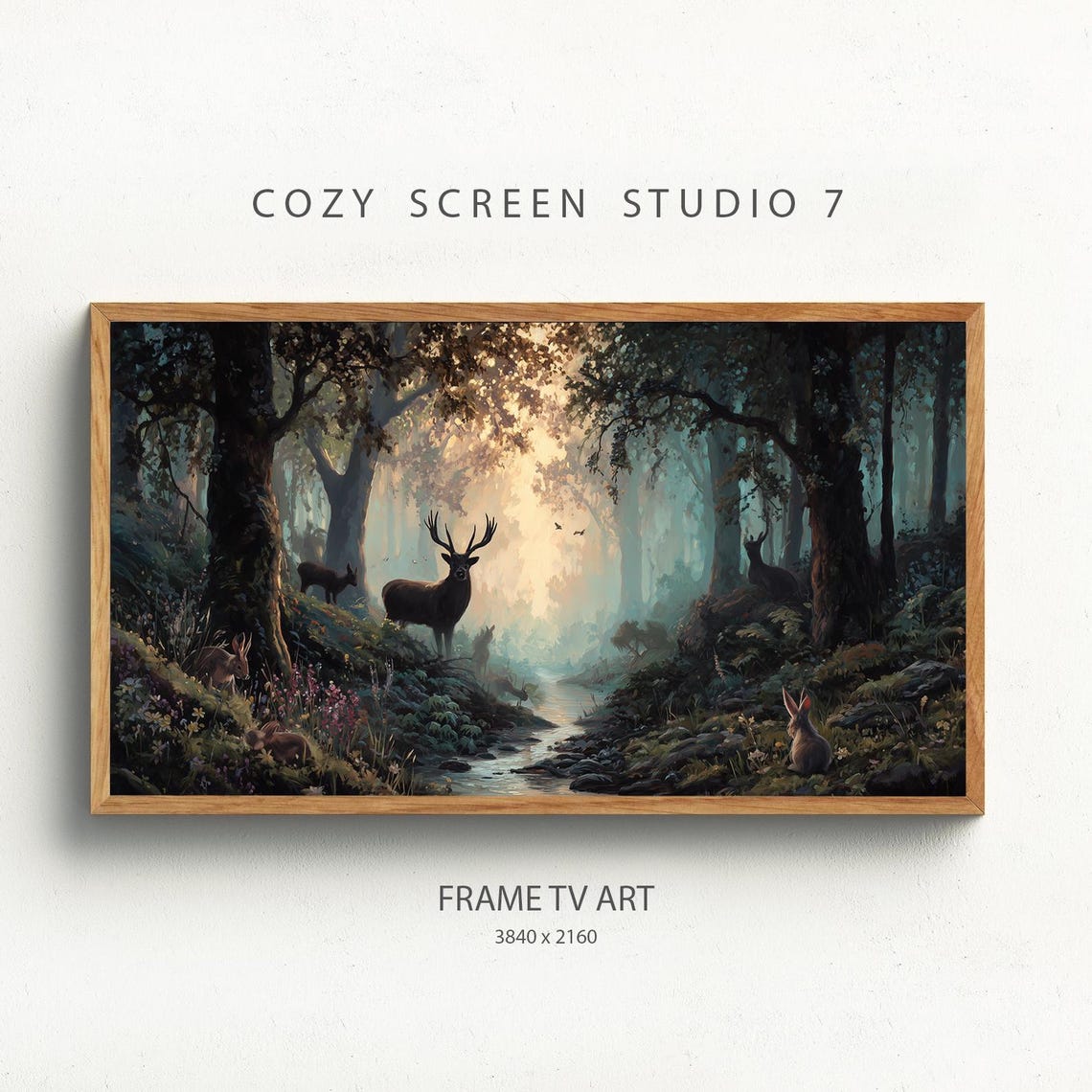 Deer Stag Misty Forest Stream Rabbits Wildlife Frame TV Poster