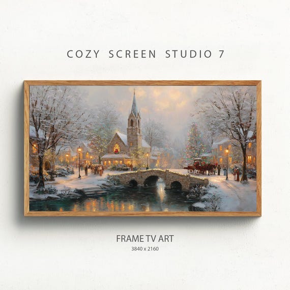 Christmas Town Frame Tv Art Vintage Winter Painting